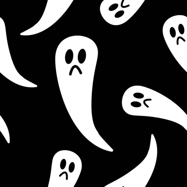 黒の背景に白い幽霊とシームレスなパターン シンプルな漫画スタイル 可愛くて面白い ハロウィンの飾りだ 怖いと気味の悪い生き物 ポストカード テキスタイル 包装紙のために — ストックベクタ