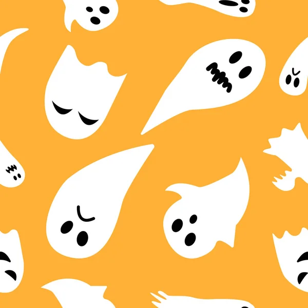 Patrón Sin Costuras Con Fantasmas Blancos Sobre Fondo Naranja Simple — Vector de stock