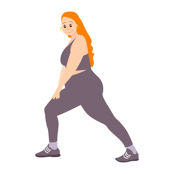 Turuncu saçlı kız. Uzun saçlı genç bir kadın. Beyazda izole edilmiş. Vücut pozitif. Sağlıklı bir yaşam tarzı. Spor ve eğlence için. Mor spor giyim alıştırmaları yapıyorum. Poster, ağ ve arayüz tasarımı