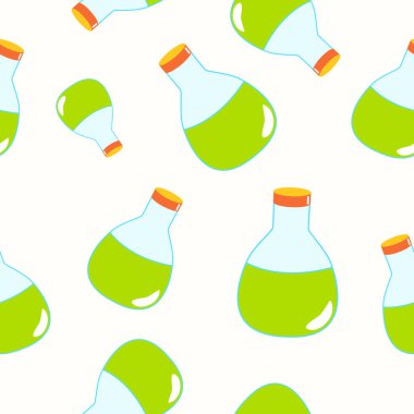 Beyaz arka planda yeşil iksir şişeleri olan kusursuz desenler. Çizgi film tarzı. Peri masalı içkisi. Eczane ve kimya. Kozmetik ve cilt bakımı. İlaç ve sağlık hizmetleri. Paket tasarımı için