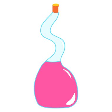 Parlak pembe, izole sihirli iksir şişesi. Cadılar Bayramı sembolü Basit bir çizgi film tarzı. Okültizm ve cadılık içeceği. Peri masalı iksiri kimyası. Aura testi. Kozmetik ve ilaç