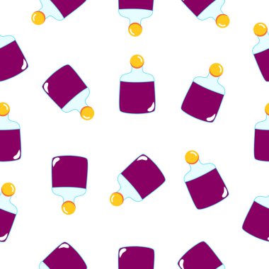 Beyaz arka planda mor iksir şişeleri olan kusursuz desenler. Çizgi film tarzı. Peri masalı içkisi. Eczane ve kimya. Kozmetik ve cilt bakımı. İlaç ve sağlık hizmetleri. Paket tasarımı için