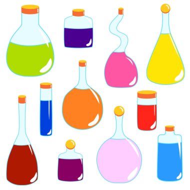 Renkli, izole sihirli iksir şişeleri olan koleksiyon. Cadılar Bayramı sembolleri. Basit bir çizgi film tarzı. Okültizm ve cadılık içeceği. Peri masalı iksiri kimyası. Aura testi. Kozmetik ve ilaç