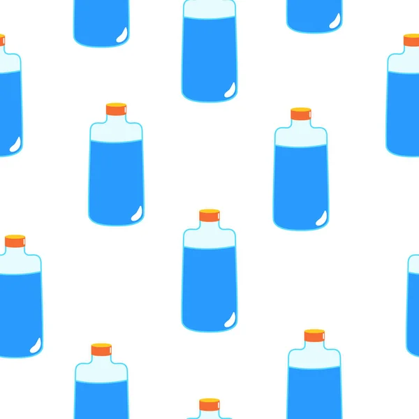 无缝隙图案 蓝色魔法药瓶 白色背景 卡通风格 童话般的饮料药学和化学 化妆品和护肤 医疗和保健 包装设计 — 图库矢量图片