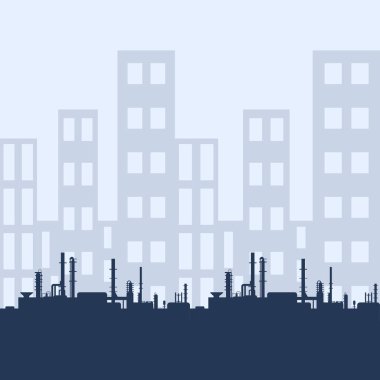 Mavi petrol fabrikası silueti ve endüstriyel şehir manzarası. Petrol endüstrisi. Web, bilgi grafikleri veya arayüz tasarımı için vektör şablonu. Petrol ve doğalgaz pazarı. Enerji sektörü ve çevre sorunları