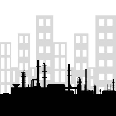 Kara petrol fabrikası silueti ve endüstriyel şehir manzarası. Petrol endüstrisi. Web, bilgi grafikleri veya arayüz tasarımı için vektör şablonu. Petrol ve doğalgaz pazarı. Enerji sektörü ve çevre sorunları