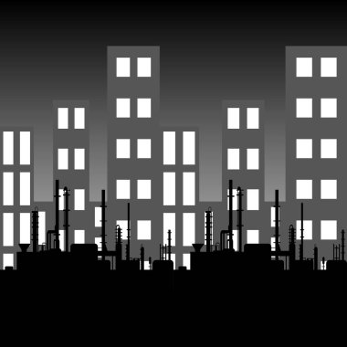 Kara petrol fabrikası silueti ve endüstriyel şehir manzarası. Petrol endüstrisi. Web, bilgi grafikleri veya arayüz tasarımı için vektör şablonu. Petrol ve doğalgaz pazarı. Enerji sektörü ve çevre sorunları