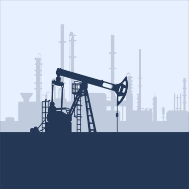 Mavi yağ pompası Jack silueti ve fabrika manzarası. Petrol endüstrisi. Web, bilgi grafikleri veya arayüz tasarımı için vektör şablonu. Petrol ve doğalgaz pazarı. Enerji sektörü ve çevre sorunları