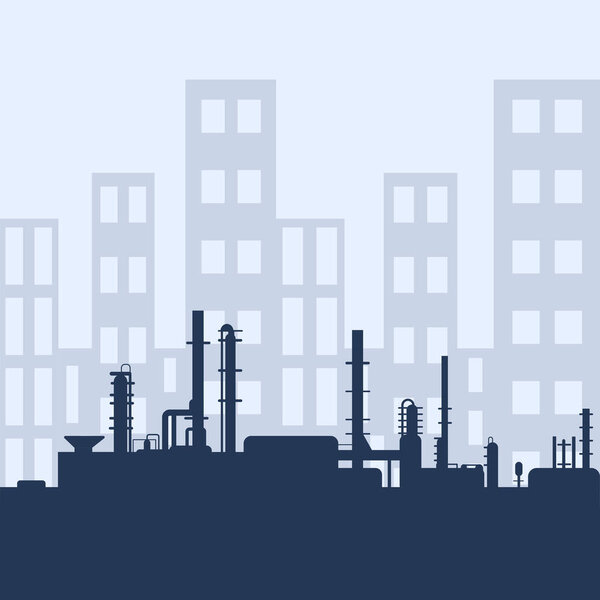 Blue oil factory silhouette and industrial city view. Petroleum industry. Vector template for web, infographics or interface design. Oil and gas market. Energy business and environmental problems