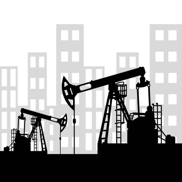 Black Oil Pumpjack Silhouette Industrial City View Petroleum Industry Vector — Stock Vector