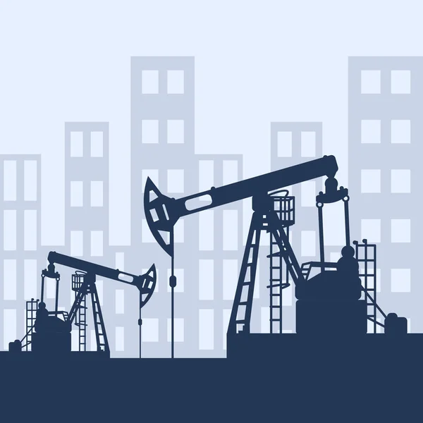 Blue Oil Pumpjack Silhouette Industrial City View Petroleum Industry Vector — Stock Vector