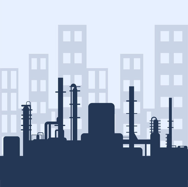 Blue oil factory silhouette and industrial city view. Petroleum industry. Vector template for web, infographics or interface design. Oil and gas market. Energy business and environmental problems