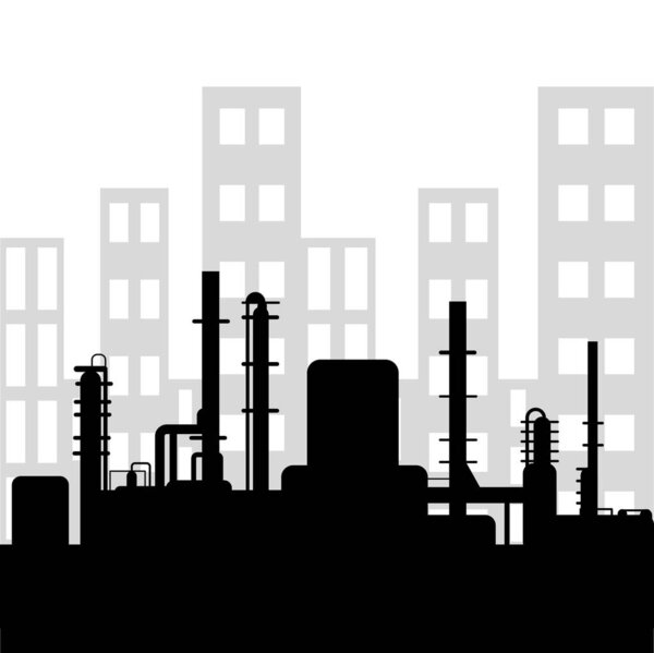Black oil factory silhouette and industrial city view. Petroleum industry. Vector template for web, infographics or interface design. Oil and gas market. Energy business and environmental problems
