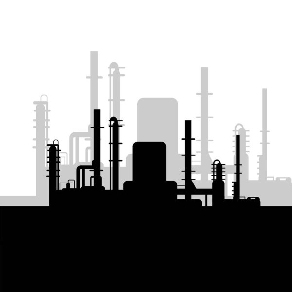 Black oil factory silhouette on white background. Petroleum industry. Vector template for web, infographics or interface design. Oil and gas market. Energy business and environmental problems