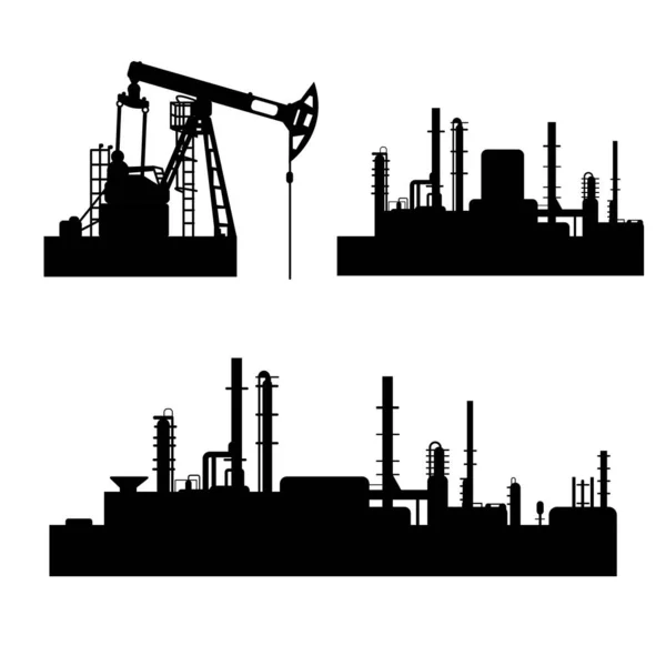 收集黑白石油和天然气行业概况 石油精炼厂 海上或陆上石油钻井平台 石脑油钻井平台的矢量隔离符号 工厂和环境 — 图库矢量图片