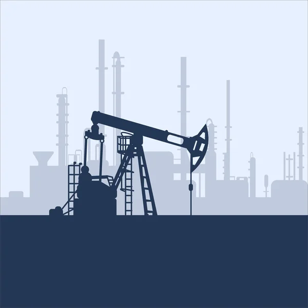 ブルーオイルポンプジャックシルエットと工場ビュー 石油産業 Web インフォグラフィック インターフェイスデザインのベクトルテンプレート ガス市場 エネルギー事業と環境問題 — ストックベクタ