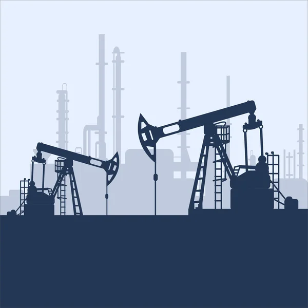 Mavi yağ pompası Jack silueti ve fabrika manzarası. Petrol endüstrisi. Web, bilgi grafikleri veya arayüz tasarımı için vektör şablonu. Petrol ve doğalgaz pazarı. Enerji sektörü ve çevre sorunları