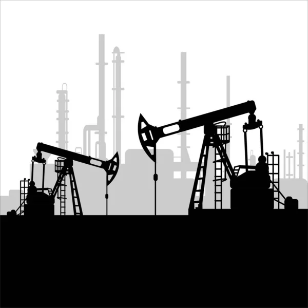 Black Oil Pump Jack Silhouette Factory View Petroleum Industry Vector — Stock Vector