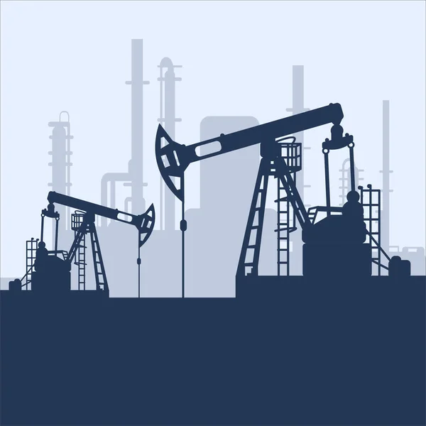 Blue Oil Pump Jack Silhouette Factory View Petroleum Industry Vector — Stock Vector