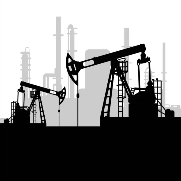 ブラックオイルポンプジャックシルエットと工場出荷時のビュー 石油産業 Web インフォグラフィック インターフェイスデザインのベクトルテンプレート ガス市場 エネルギー事業と環境問題 — ストックベクタ