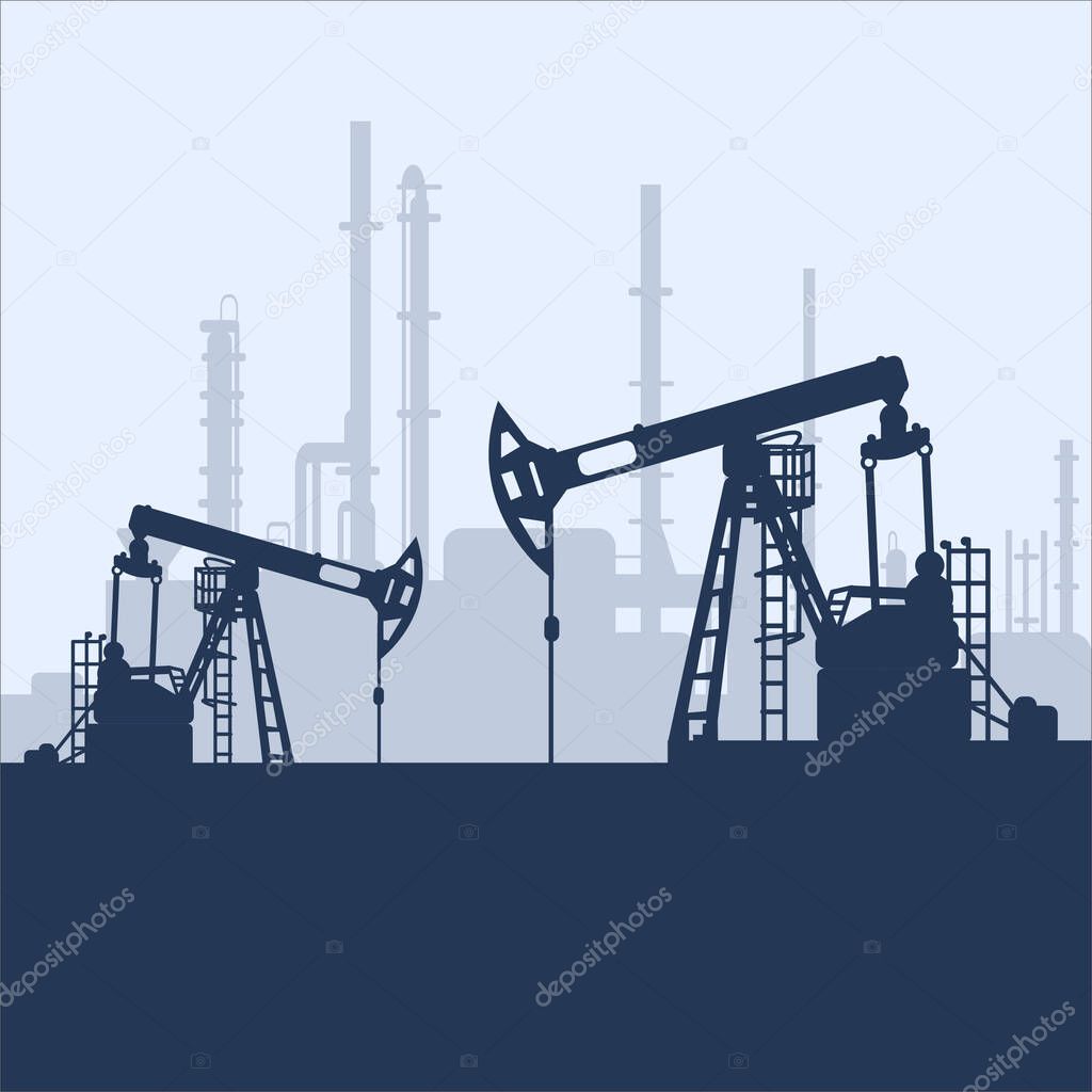 Blue oil pump jack silhouette and factory view. Petroleum industry. Vector template for web, infographics or interface design. Oil and gas market. Energy business and environmental problems
