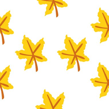 Sarı akçaağaç yapraklı kusursuz desen. Kahverengi saplı. Beyaz arka plan. Sonbahar ya da yaz. Doğa ya da ekoloji. Karikatür tarzı. Kartpostallar, kağıt ambalajları, duvar kağıtları ve hatıra defterleri için.