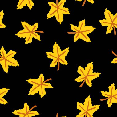 Sarı akçaağaç yapraklı kusursuz desen. Kahverengi saplı. Siyah arka plan. Sonbahar ya da yaz. Doğa ya da ekoloji. Karikatür tarzı. Kartpostallar, kağıt ambalajları, duvar kağıtları ve hatıra defterleri için.