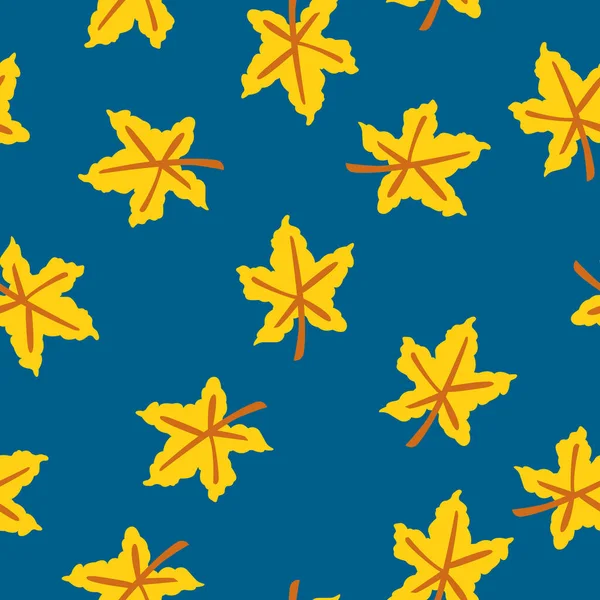 Nahtloses Muster Mit Gelben Ahornblättern Brauner Stiel Blauer Hintergrund Herbst — Stockvektor
