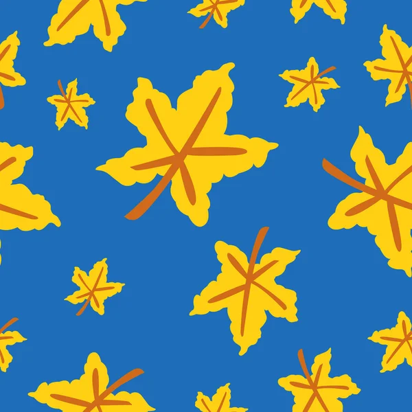 Seamless Pattern Yellow Maple Leaves Brown Stem Blue Background Autumn — Stock Vector
