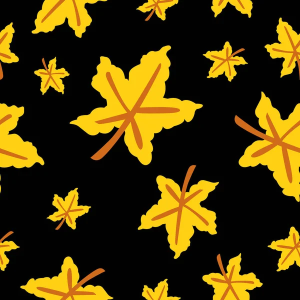 Безшовний Візерунок Жовтим Листям Кленового Дерева Коричневе Стебло Чорний Фон — стоковий вектор