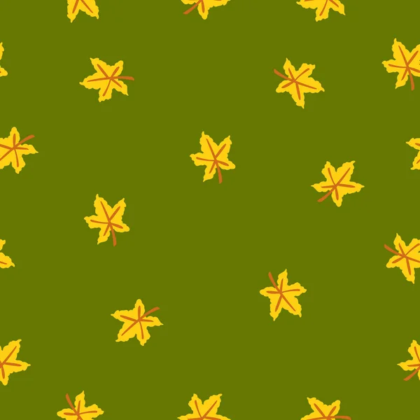 Nahtloses Muster Mit Gelben Ahornblättern Brauner Stiel Grüner Hintergrund Herbst — Stockvektor