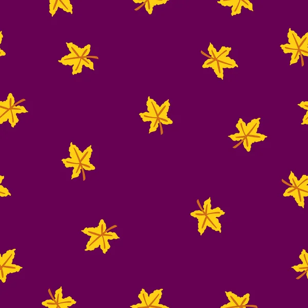 Nahtloses Muster Mit Gelben Ahornblättern Brauner Stiel Lila Hintergrund Herbst — Stockvektor