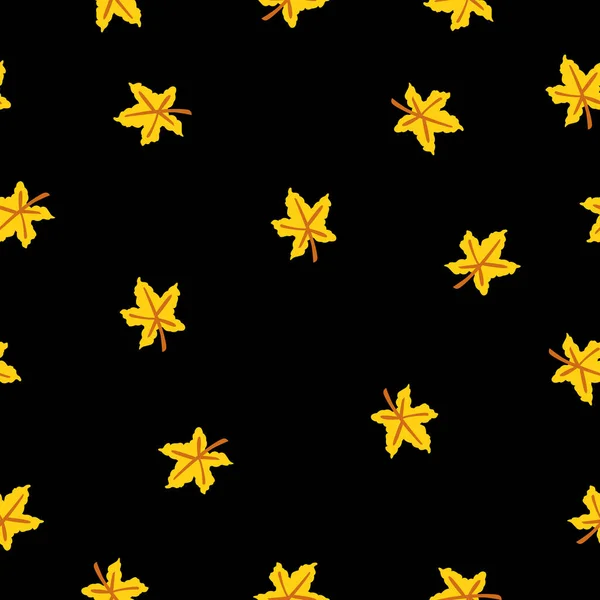 Seamless Pattern Yellow Maple Leaves Brown Stem Black Background Autumn — Stock Vector