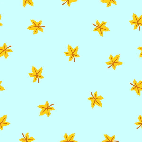 Nahtloses Muster Mit Gelben Ahornblättern Brauner Stiel Blauer Hintergrund Herbst — Stockvektor