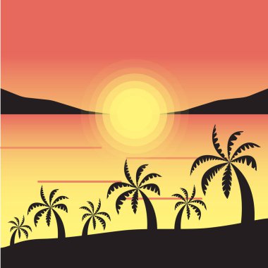 Palmiye ağaçlarıyla gün batımı deniz manzarası. Plajda tatil. Sarı ve turuncu tonlarda dereceler. Kartpostallar, posterler, yalan makinesi, tekstil, tasarım, iç dekorasyon için kare vektör çizimi
