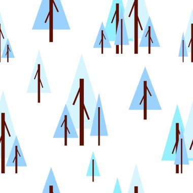 Kışın mavi köknar ağaçlarıyla kusursuz desen. Beyaz arka plan. Çizgi film düz stili. Bahçe ya da orman. Doğa ve ekoloji. Mutlu noeller. Kartpostallar, duvar kağıtları, tekstil, hatıra defteri ve ambalaj kağıdı.