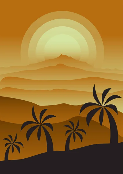 Монохромный Туманный Пейзаж Заката Пустынями Пальмами Градиенты Оттенках Золота Вертикальная — стоковый вектор