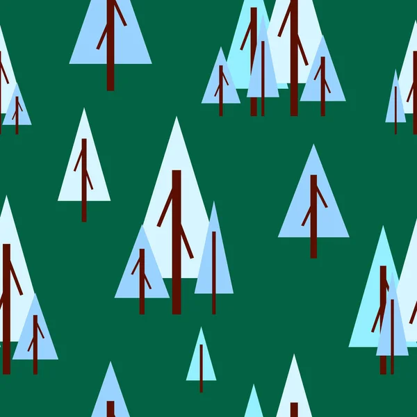 冬の青いモミの木とシームレスなパターン 緑の背景 漫画のフラットスタイル 庭や森 自然と生態学 メリークリスマス はがき スクラップブッキングや包装紙 — ストックベクタ