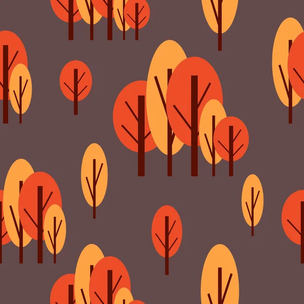 秋の木々とシームレスなパターン 赤とピンク 茶色の背景 漫画のフラットスタイル 庭や森 自然と生態学 はがき スクラップブッキングや包装紙のために — ストックベクタ