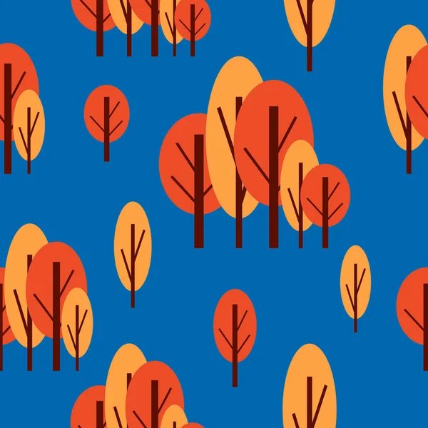 Seamless Pattern Autumn Trees Red Pink Blue Background Cartoon Flat — Stock Vector