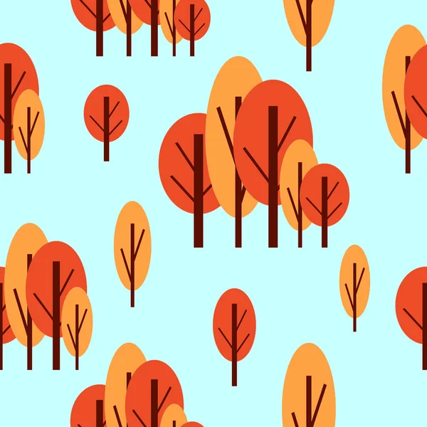 Seamless Pattern Autumn Trees Red Pink Blue Background Cartoon Flat — Stock Vector
