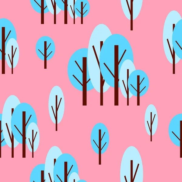 冬の青い木とシームレスなパターン ピンクの背景 漫画のフラットスタイル 庭や森 自然と生態学 メリークリスマス はがき スクラップブッキングや包装紙のために — ストックベクタ