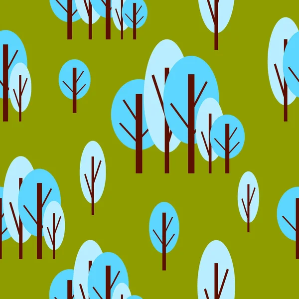 冬の青い木とシームレスなパターン 緑の背景 漫画のフラットスタイル 庭や森 自然と生態学 メリークリスマス はがき スクラップブッキングや包装紙のために — ストックベクタ
