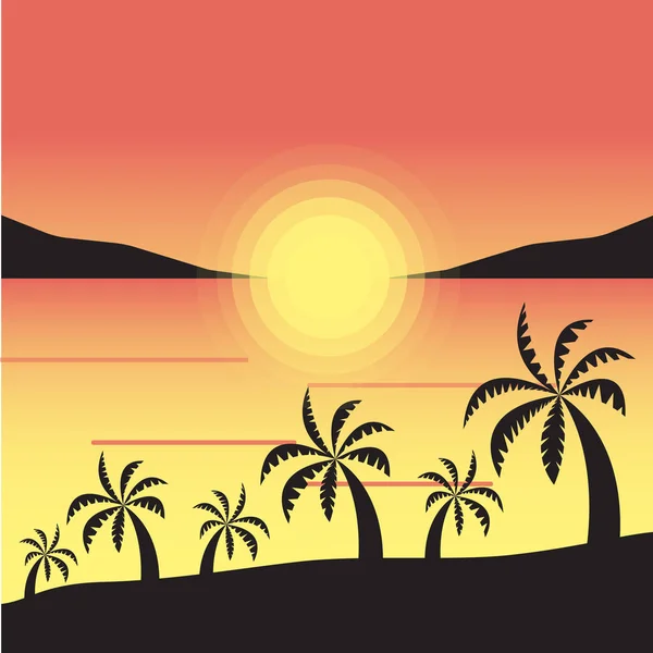 Sunset Seascape Palm Trees Vacations Beach Gradients Shades Yellow Orange — Stock Vector