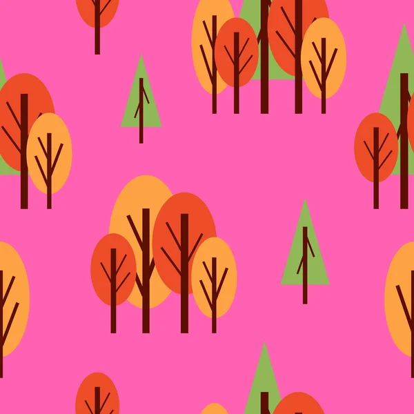 Seamless Pattern Autumn Trees Red Green Orange Pink Background Cartoon — Stock Vector