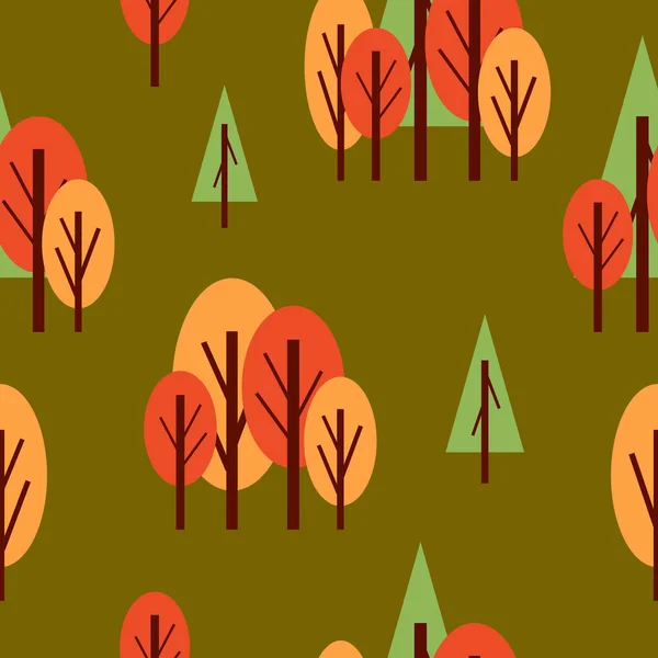 Nahtloses Muster Mit Herbstbäumen Rot Grün Und Orange Grüner Hintergrund — Stockvektor