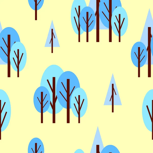 无缝隙图案 冬季蓝树 黄色背景 卡通平面风格 花园或森林 自然与生态 圣诞快乐 明信片 纺织品 废纸和包装纸 — 图库矢量图片