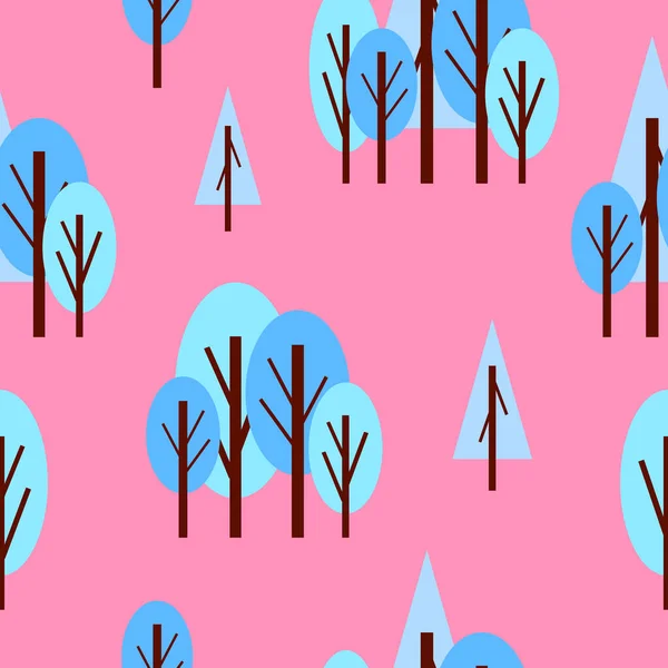 Naadloos Patroon Met Winterblauwe Bomen Roze Achtergrond Cartoon Platte Stijl — Stockvector