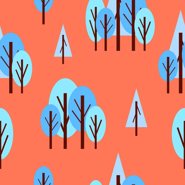 Płynny Wzór Zimowymi Niebieskimi Drzewami Pomarańcza Kreskówkowy Płaski Styl Ogród — Wektor stockowy
