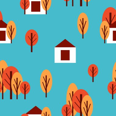 Sonbahar ağaçları ve beyaz kır eviyle kusursuz bir düzen. Kırmızı ve turuncu. Turkuaz arka plan. Çizgi film düz stili. Bahçe ya da orman. Kartpostallar, duvar kağıtları, tekstil, hatıra defteri ve ambalaj kağıdı.